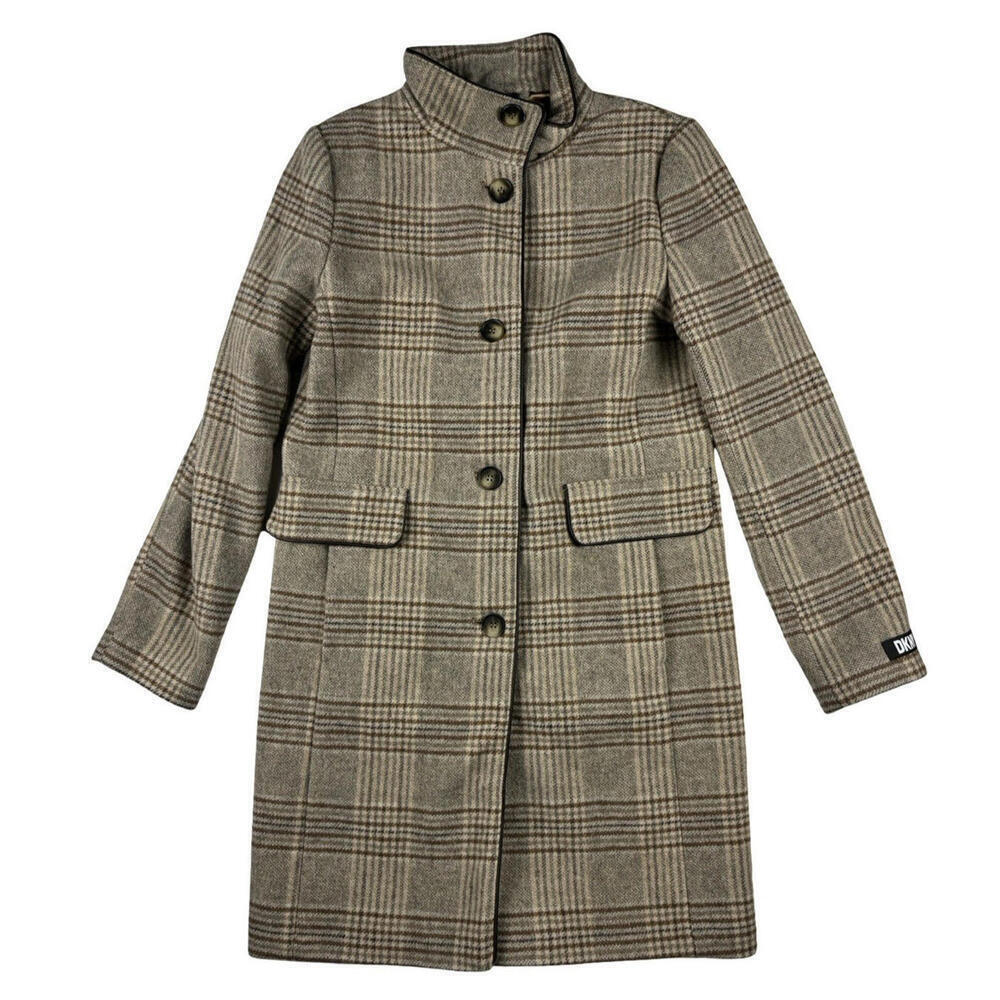 DKNY Elegant Stand Collar Outwear Wool Blend Coat Check Brown Size XS